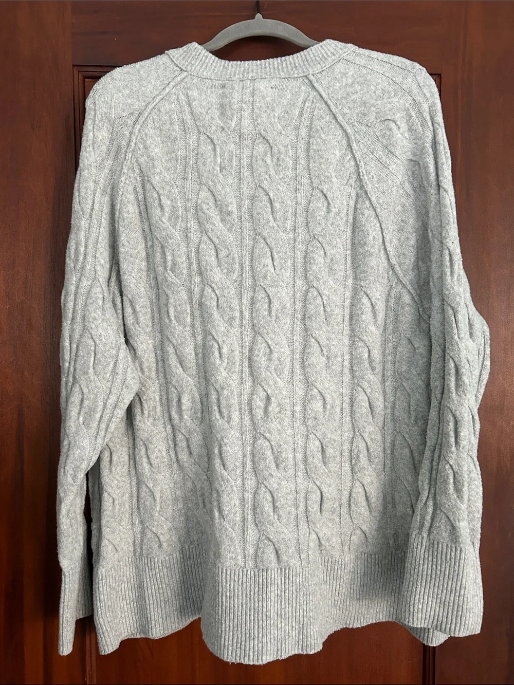 aerie Light Gray Cable-Knit Crewneck Sweater